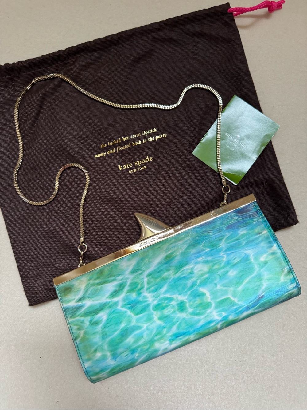 Rare Kate Spade Splash Out Melly Hologram Shark Fin Clutch Pool Print Dust Bag